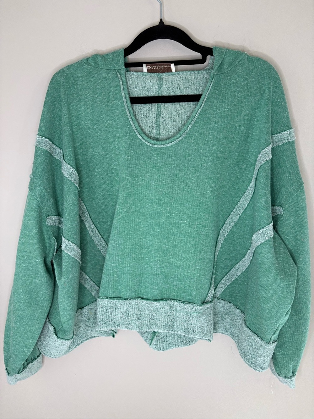 Zenana Mineral Wash Cropped Hoodie Seafoam Green Raw Hem Small